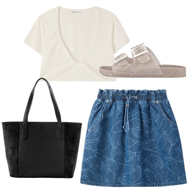 Outfit donna - Mini e incrociatina. Stile Bon Ton per Tutti i giorni. Abbinamento con shopping bag, minigonne, top, sandali.