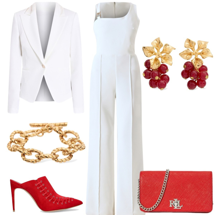 Outfit donna - Cerimonia. Stile Chic per Cerimonia. Abbinamento con tute, blazer, borse a tracolla, orecchini, braccialetti, pantofole.