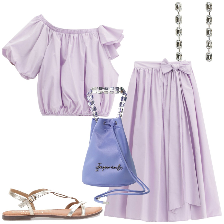 Outfit donna - Agosto. Stile Minimal per Tutti i giorni. Abbinamento con orecchini, borse a secchiello, top, gonne lunghe, sandali in pelle.
