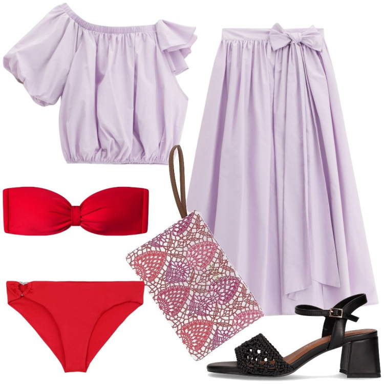 Outfit donna - Party in piscina. Stile Romantica per Serata fuori. Abbinamento con bikini, bikini, gonne lunghe, top, pochette, sandali col tacco.