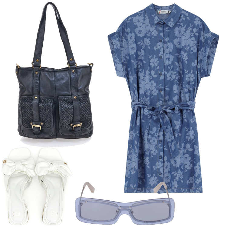 Outfit donna - Cose semplici. Stile Basic per Tutti i giorni. Abbinamento con vestiti corti, borse a spalla, ciabatte, occhiali da sole.