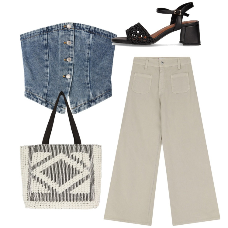 Outfit donna - Strapless denim. Stile Casual chic per Tutti i giorni. Abbinamento con top, pantaloni, shopping bag, sandali col tacco.