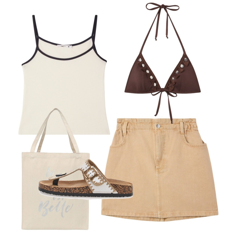 Outfit donna - Mare e sole. Stile Basic per Mare. Abbinamento con minigonne, bikini, borse tote, top, infradito.