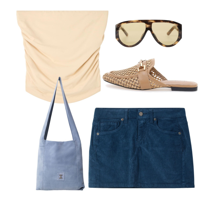 Outfit donna - Minimal. Stile Minimal per Tutti i giorni. Abbinamento con top, minigonne, occhiali da sole, borse a tracolla, sabot.