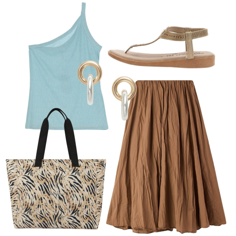 Outfit donna - La gonna vaporosa. Stile Chic per Serata fuori. Abbinamento con gonne lunghe, top, shopping bag, orecchini, infradito.