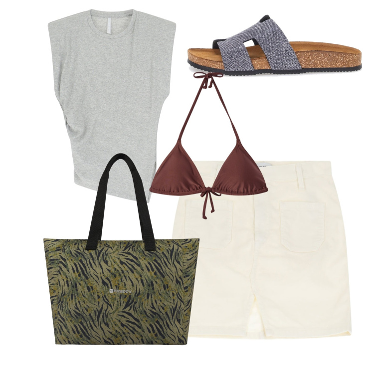 Outfit donna - Aperitivo al mare. Stile Chic per Tutti i giorni. Abbinamento con bikini, minigonne, top, shopping bag, ciabatte.