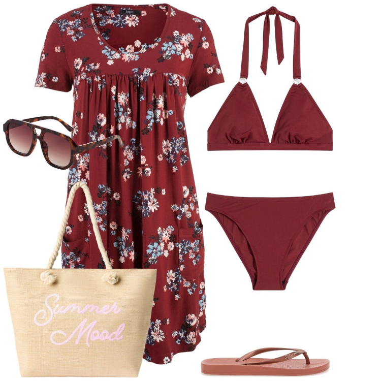 Outfit donna - Mare. Stile Basic per Mare. Abbinamento con bikini, occhiali da sole, vestiti corti, borse tote, infradito.