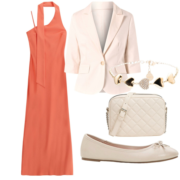 Outfit donna - Total look #2219338. Stile Romantica per Cerimonia. Abbinamento con ballerine, borse a tracolla, blazer, vestiti lunghi, braccialetti.
