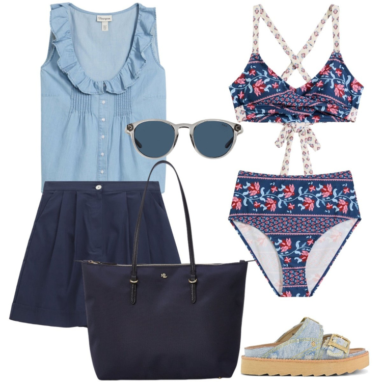 Outfit donna - In spiaggia. Stile Casual per Mare. Abbinamento con bikini, top, shorts, occhiali da sole, borse tote, sandali.