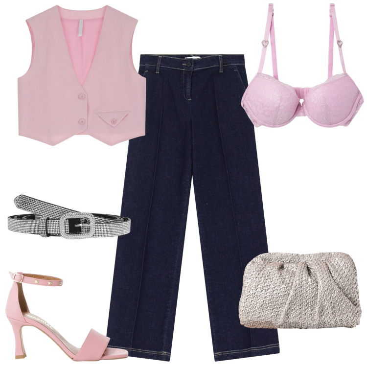 Outfit donna - Total look #2219347. Stile Glamour per Serata fuori. Abbinamento con cinture, reggiseni push-up, clutch, jeans dritti, sandali col tacco, gilet.