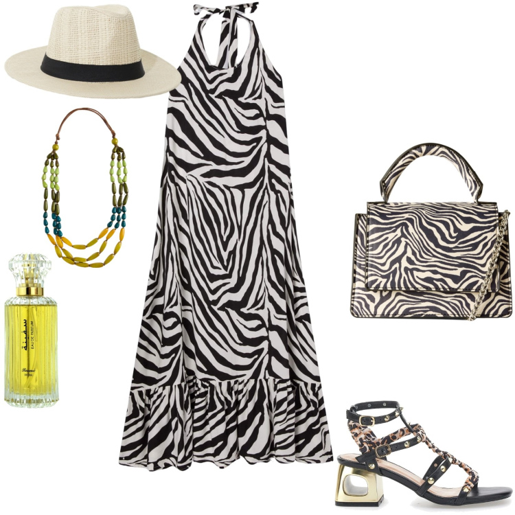 Outfit donna - Total look #2219382. Stile Urban per Tutti i giorni. Abbinamento con profumi, vestiti lunghi, borse a tracolla, cappelli, sandali col tacco, collane.
