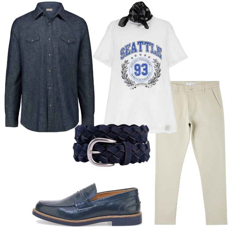Outfit uomo - Camicia in jeans sopra la t-shirt. Stile Trendy per Serata speciale. Abbinamento con pantaloni skinny, t-shirt, scarpe stringate, cinture, camicie.
