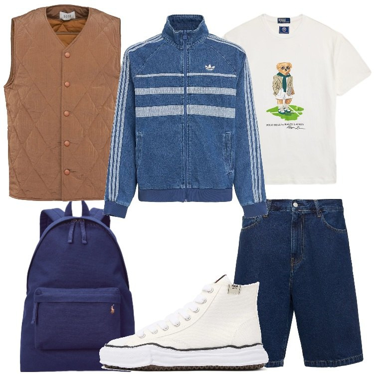 Outfit uomo - Vacanza in montagna. Stile Casual per Tutti i giorni. Abbinamento con borse sportive, t-shirt, shorts, sneakers alte, piumini, felpe sportive.