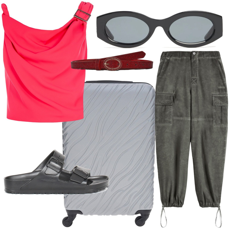 Outfit donna - go on holiday. Stile Minimal per Tutti i giorni. Abbinamento con cinture, top, pantaloni cargo, valigie, occhiali da sole, ciabatte.