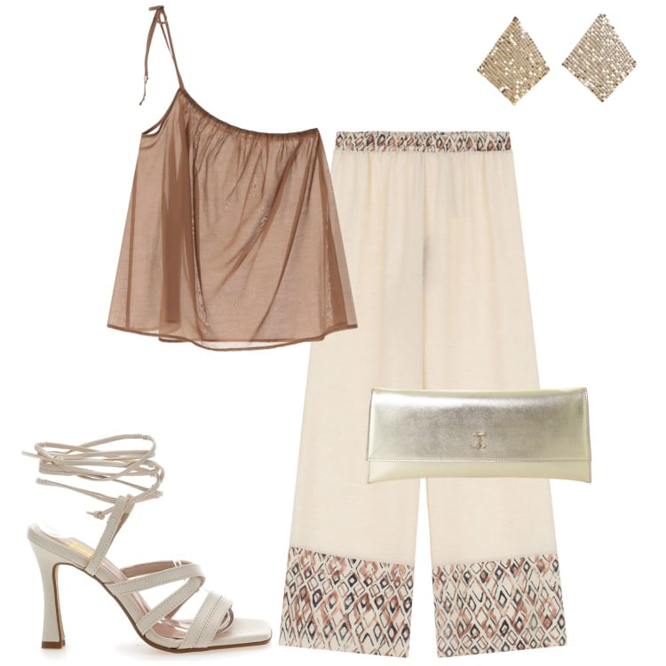 Outfit donna - Cena in riva al mare. Stile Chic per Serata fuori. Abbinamento con orecchini, pantaloni, top, pochette, sandali col tacco.