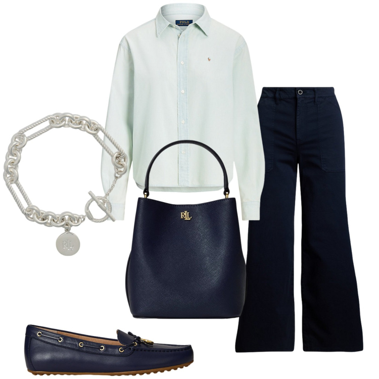 Outfit donna - Lauren. Stile Basic per Tutti i giorni. Abbinamento con braccialetti, camicie, borse a secchiello, mocassini, pantaloni.