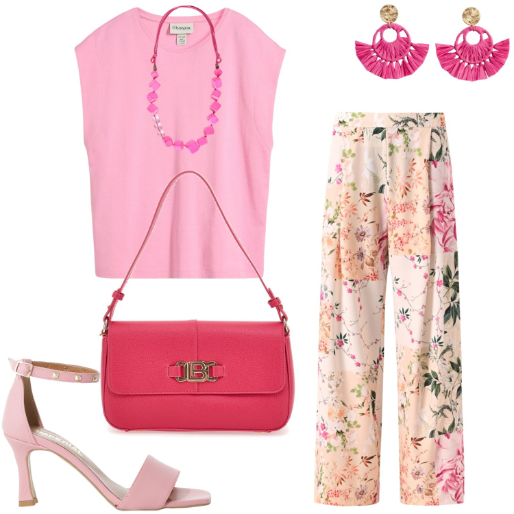 Outfit donna - Pantaloni fantasia fiorata. Stile Casual chic per Tutti i giorni. Abbinamento con bluse, orecchini, pantaloni, sandali col tacco, borse a spalla, collane.