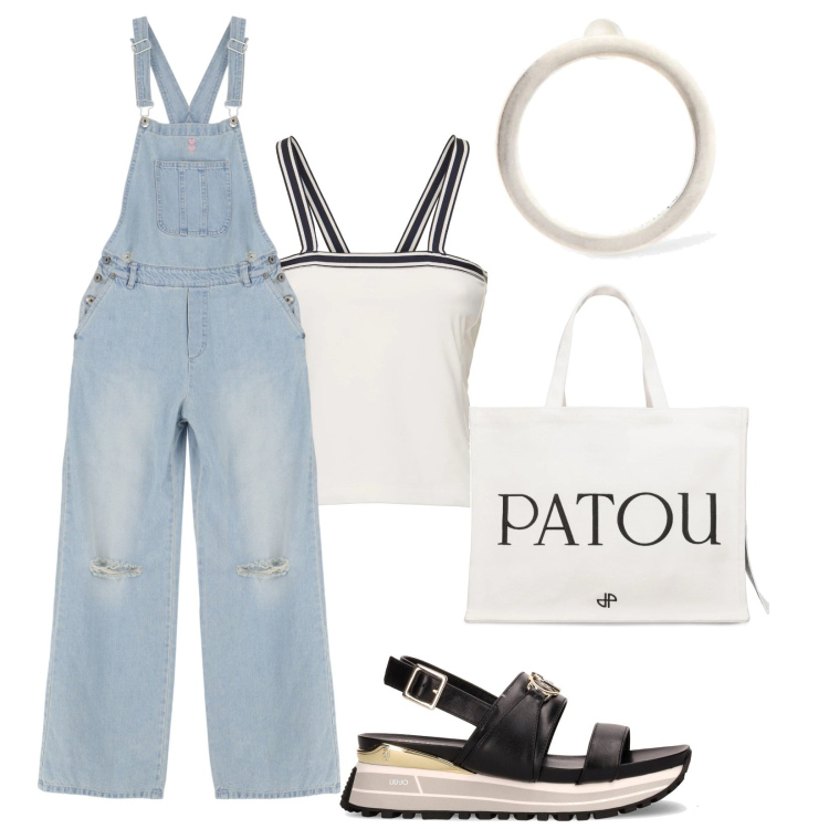 Outfit donna - Saldi. Stile Urban per Tutti i giorni. Abbinamento con salopette, sandali, orecchini, canottiere, shopping bag.