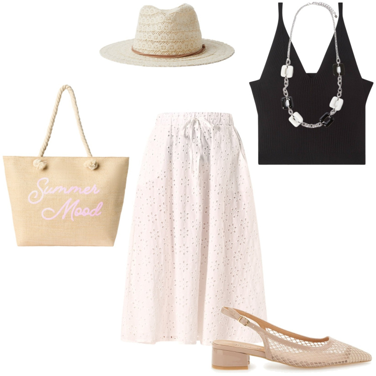 Outfit donna - Total look #2219403. Stile Chic per Tutti i giorni. Abbinamento con cappelli, top, borse tote, gonne longuette, décolleté, collane.