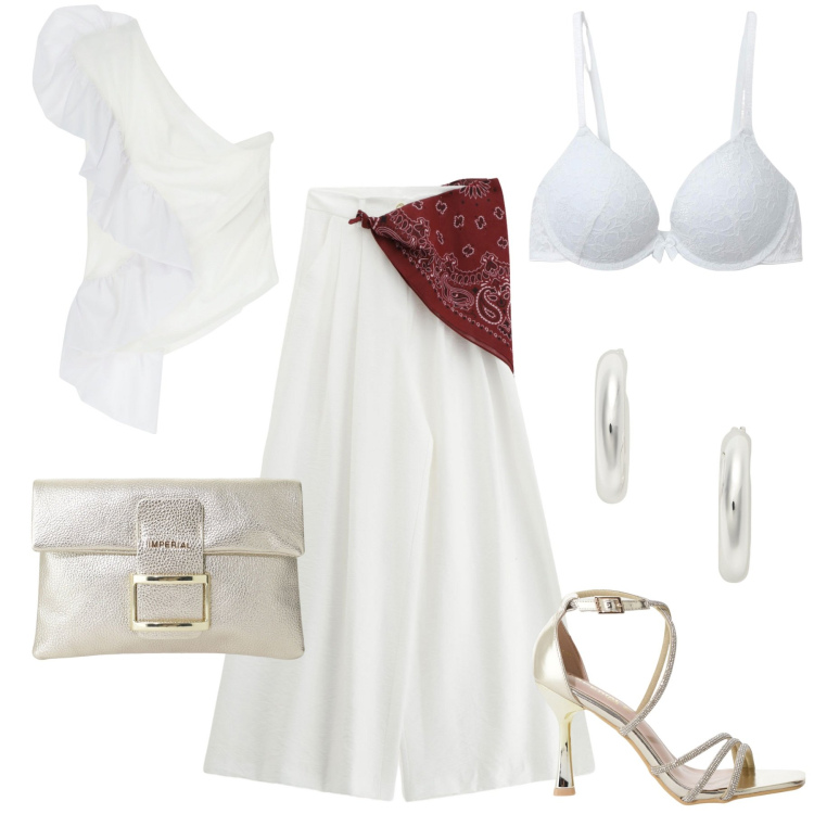 Outfit donna - Cerimonia ad agosto. Stile Glamour per Cerimonia. Abbinamento con reggiseni push-up, sandali col tacco, top, pochette, pantaloni, orecchini.