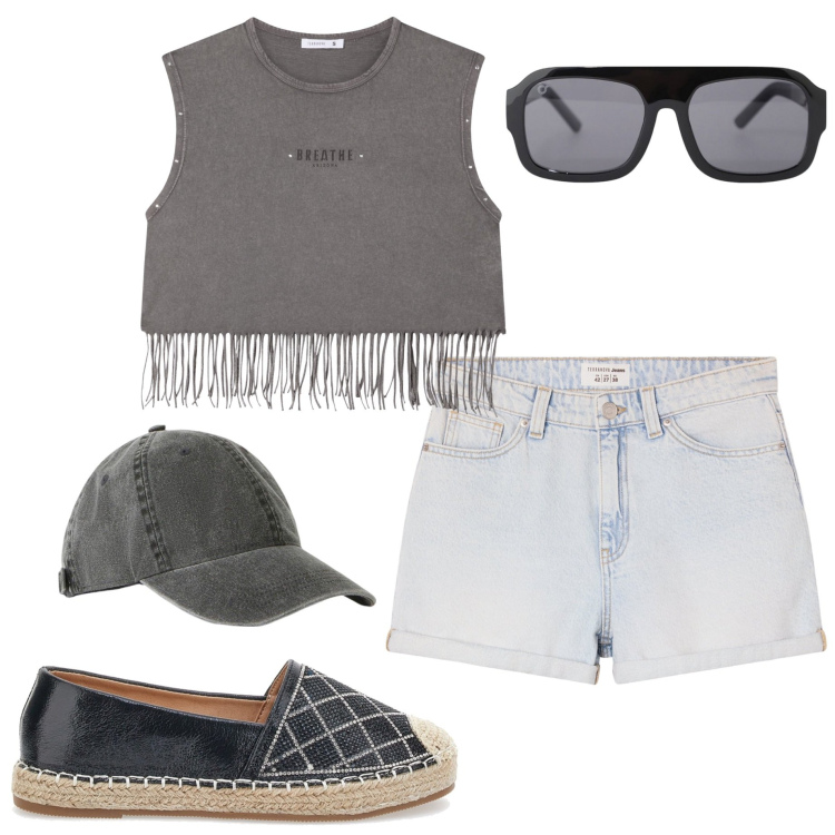 Outfit donna - Verso la spiaggia. Stile Casual per Mare. Abbinamento con cappelli con visiera, top, shorts, occhiali da sole, espadrillas.