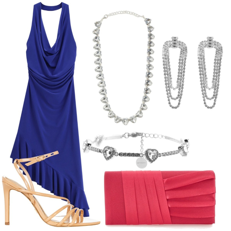 Outfit donna - Sexy low cost. Stile Sexy per Serata fuori. Abbinamento con orecchini, collane, sandali col tacco, vestiti asimmetrici, braccialetti, pochette.