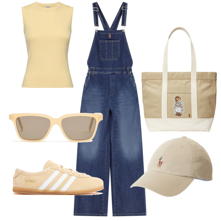 Outfit donna - Total look #2219410. Stile Urban per Tutti i giorni. Abbinamento con salopette, cappelli, borse tote, sneakers, occhiali da sole, canottiere.