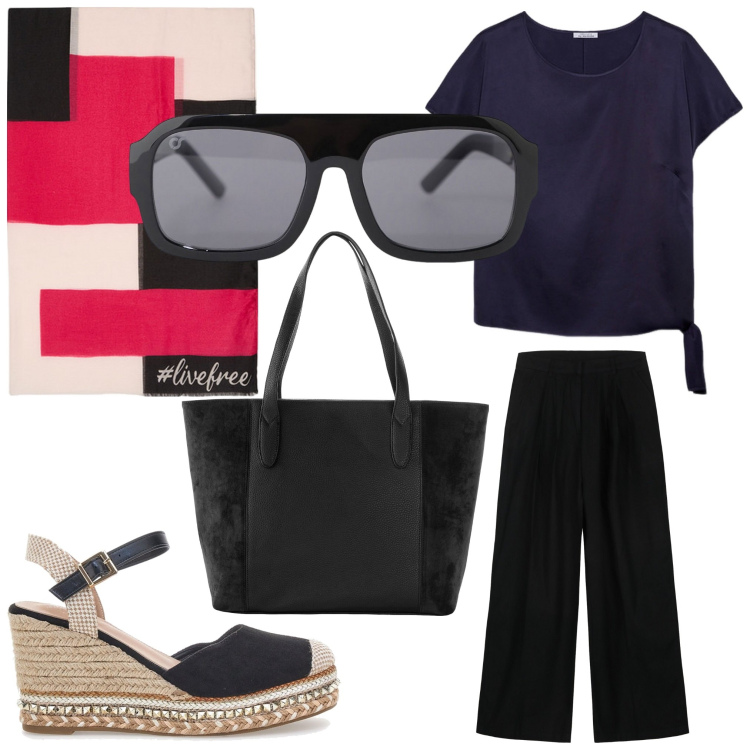 Outfit donna - Sempre ok. Stile Chic per Tutti i giorni. Abbinamento con shopping bag, occhiali da sole, pantaloni, bluse, zeppe, sciarpe.