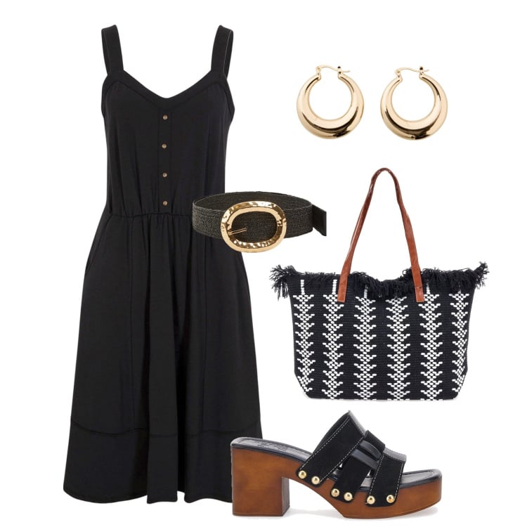 Outfit donna - Zoccoli in città. Stile Trendy per Tutti i giorni. Abbinamento con vestiti, orecchini, cinture, borse a spalla, zoccoli.