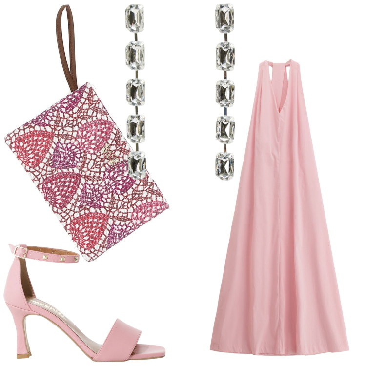Outfit donna - Rosa da sera. Stile Chic per Serata fuori. Abbinamento con orecchini, sandali col tacco, vestiti, pochette.