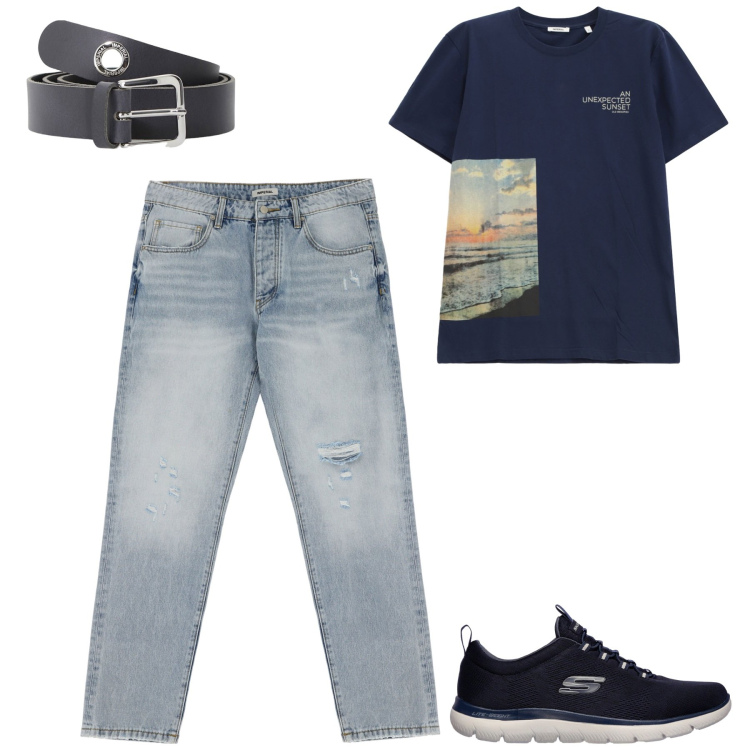 Outfit uomo - Total look #2219422. Stile Casual per Tutti i giorni. Abbinamento con jeans strappati, cinture, t-shirt, sneakers.