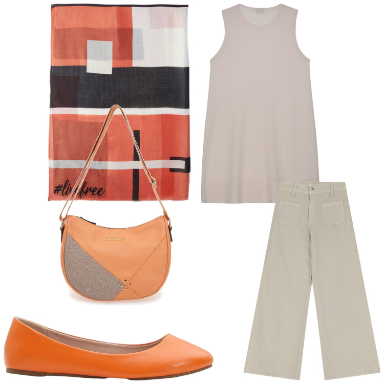 Outfit donna - Cinema all\'aperto. Stile Casual per Tutti i giorni. Abbinamento con ballerine, pantaloni, borse a tracolla, sciarpe, bluse.