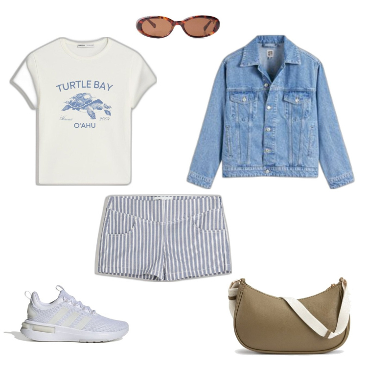 Outfit mujer - Vacaciones en Cullera. Estilo Casual para Todos los días. look ideal para Petite. Combinación con shorts, sneakers, camiseta, blazers, bandoleras, gafas de sol.