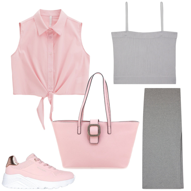 Outfit donna - Oggi shopping. Stile Sporty chic per Tutti i giorni. Abbinamento con gonne lunghe, canottiere, camicie, sneakers, borse a spalla.