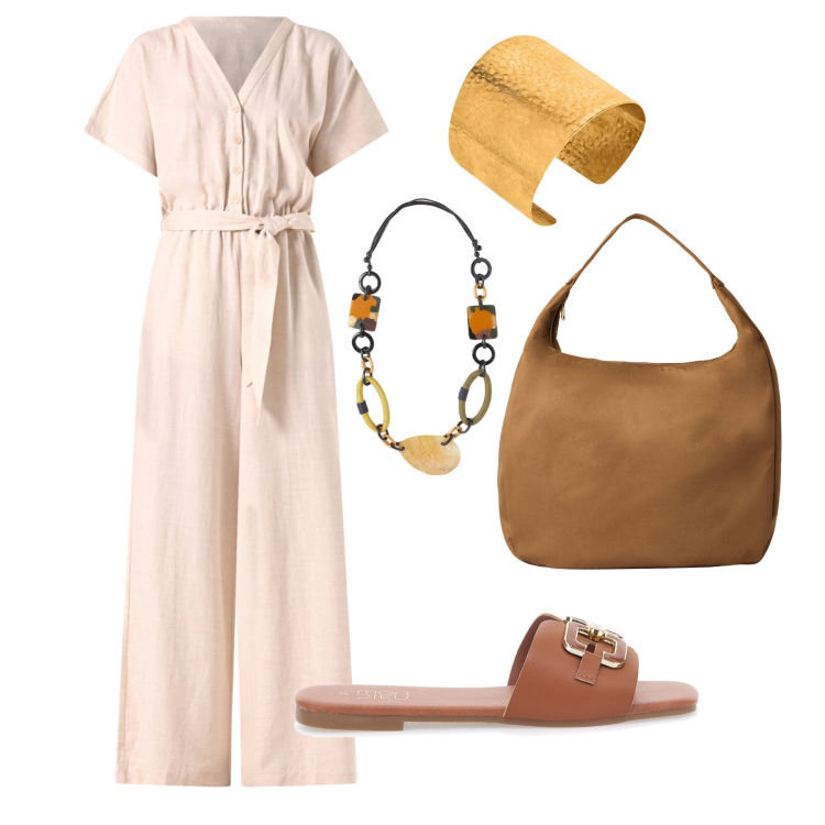 Outfit donna - La jumpsuit in lino cotone. Stile Casual per Tutti i giorni. Abbinamento con borse a mano, tute, ciabatte, braccialetti, collane.