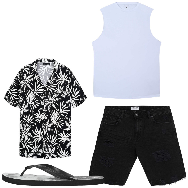 Outfit uomo - Tropical. Stile Casual per Tutti i giorni. Abbinamento con bermuda, camicie a manica corta, sandali, canottiere.