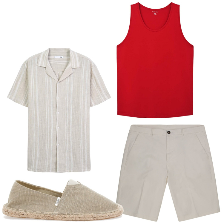 Outfit uomo - Semplice semplice. Stile Casual per Tutti i giorni. Abbinamento con canottiere, camicie a manica corta, espadrillas, bermuda.