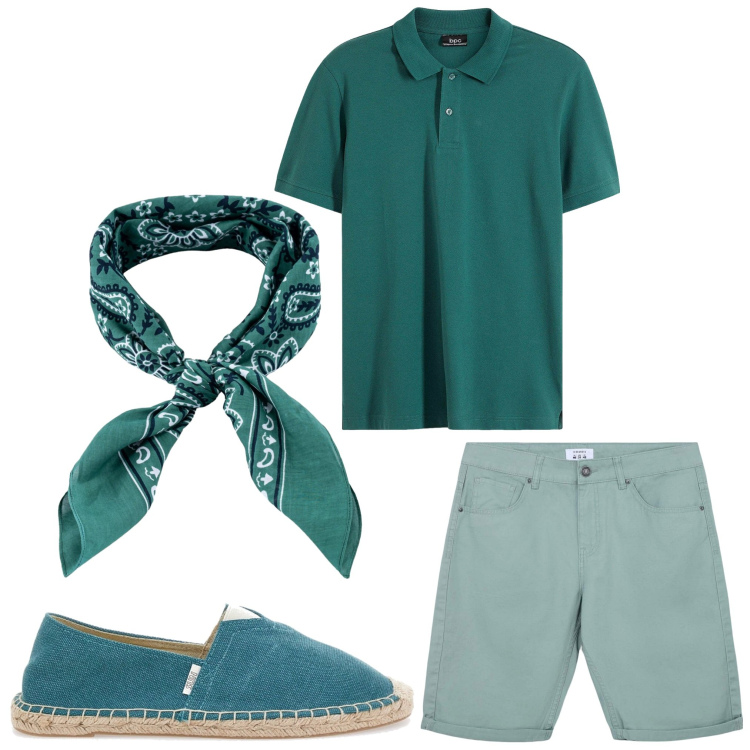 Outfit uomo - Verde casual. Stile Casual per Tutti i giorni. Abbinamento con polo, bermuda, sciarpe e foulard, espadrillas.