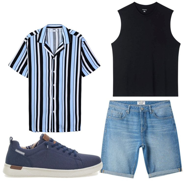 Outfit uomo - Righe e jeans. Stile Casual per Tutti i giorni. Abbinamento con t-shirt, bermuda, camicie a manica corta, scarpe stringate.