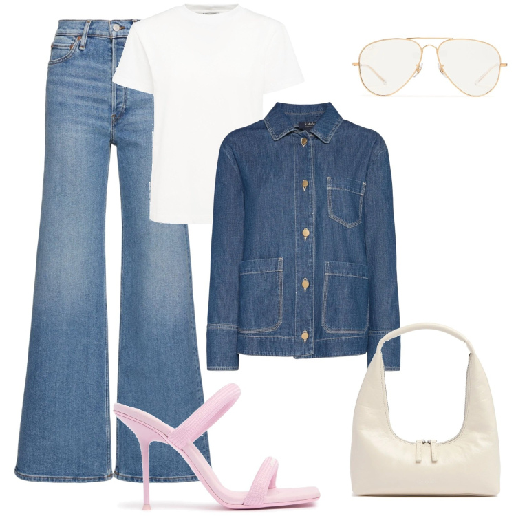 Outfit donna - Total look #2219454. Stile Casual chic per Ufficio. Abbinamento con jeans, borse a spalla, occhiali da sole, sandali in pelle, t-shirt, blazer.