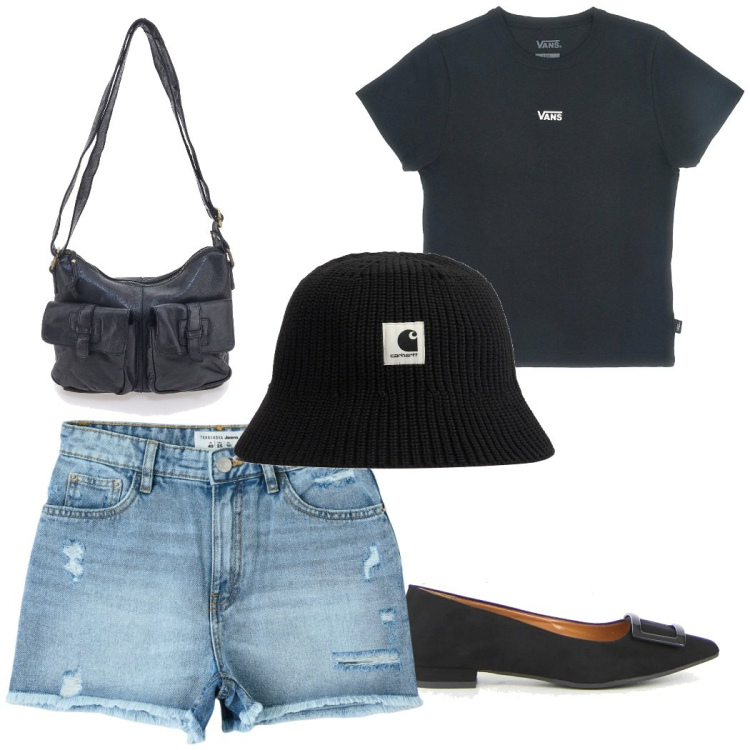 Outfit donna - In città. Stile Casual per Tutti i giorni. Abbinamento con shorts, borse a tracolla, ballerine, t-shirt, cappelli.