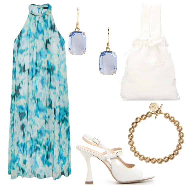 Outfit donna - Abiti lunghi. Stile Chic per Serata fuori. Abbinamento con braccialetti, orecchini, vestiti lunghi, borse a mano, sandali col tacco.