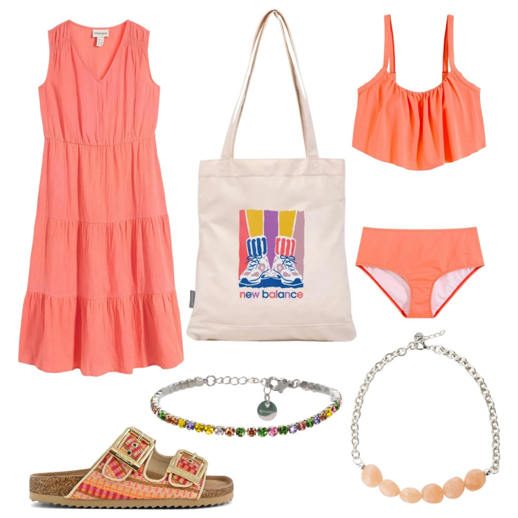 Outfit donna - In arancione al mare. Stile Boho per Mare. Abbinamento con vestiti, bikini, shopping bag, braccialetti, collane, sandali.