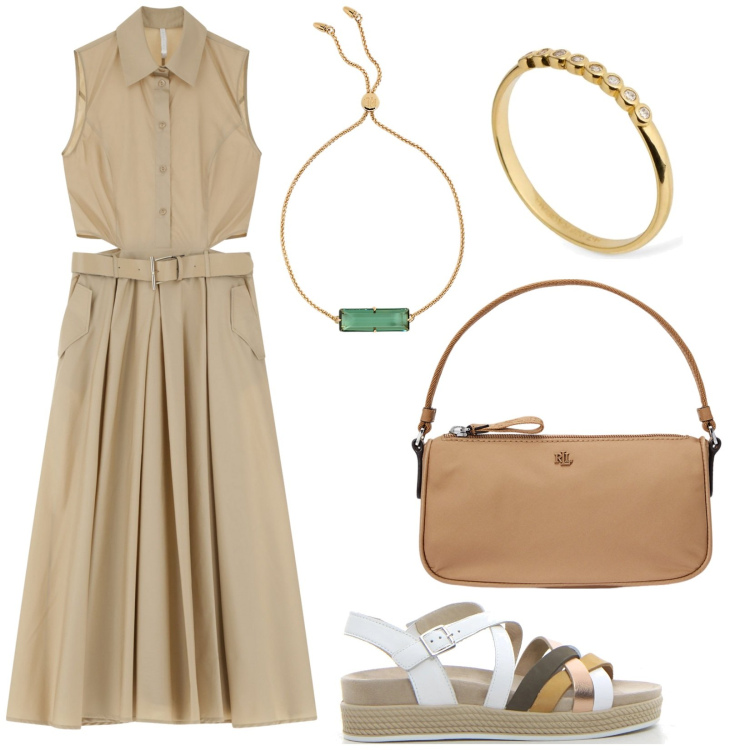 Outfit donna - Abito cut-aut. Stile Minimal per Serata fuori. Abbinamento con vestiti senza maniche, pochette, braccialetti, sandali, anelli.