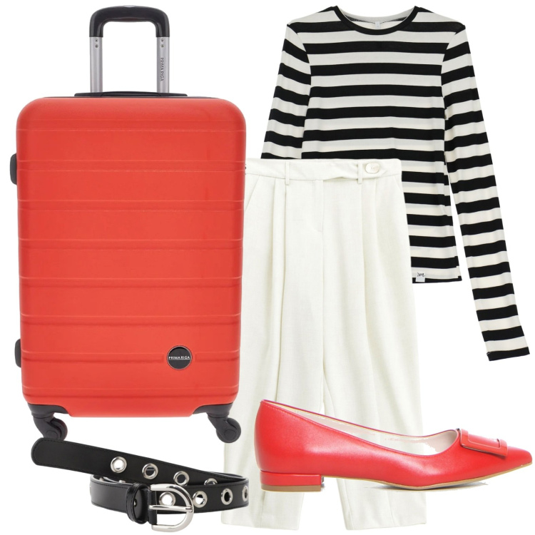 Outfit donna - Righe marinare. Stile Minimal per Mare. Abbinamento con cinture, pantaloni, t-shirt, ballerine, valigie.