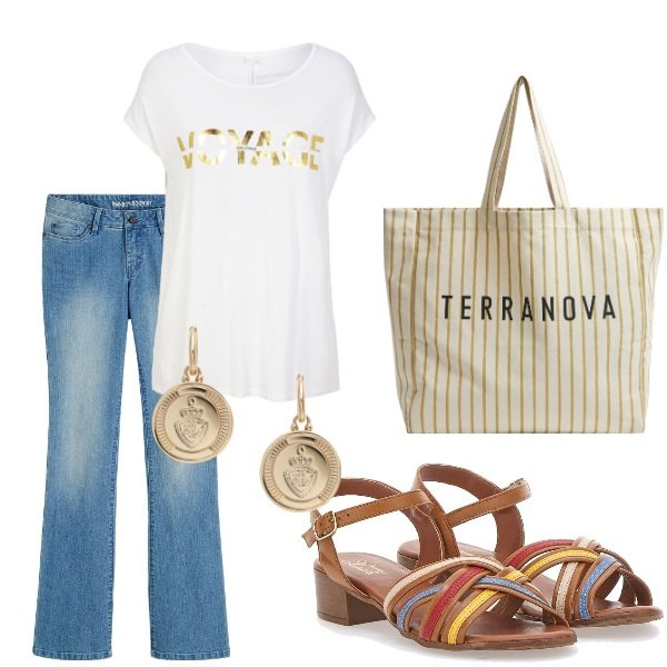 Outfit donna - E siamo in Agosto....... Stile Casual per Tutti i giorni. Abbinamento con jeans bootcut, maglieria, borse tote, orecchini, sandali col tacco.