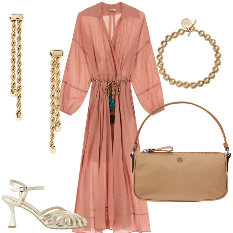 Outfit donna - Abito arancio. Stile Boho per Serata fuori. Abbinamento con vestiti lunghi, sandali col tacco, braccialetti, pochette, orecchini.
