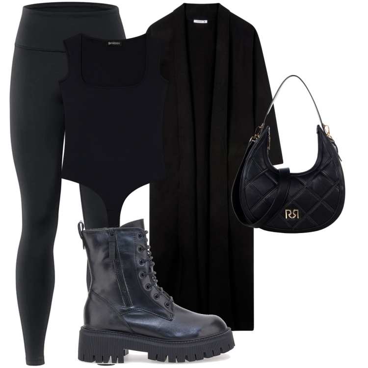 Outfit donna - goth. Stile Rock per Tutti i giorni. Abbinamento con cardigans, borse a tracolla, body, anfibi, leggings.
