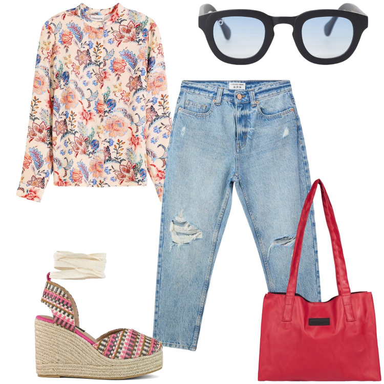 Outfit donna - Camicia a fiori. Stile Casual chic per Tutti i giorni. Abbinamento con camicie, jeans mom, occhiali da sole, shopping bag, zeppe.