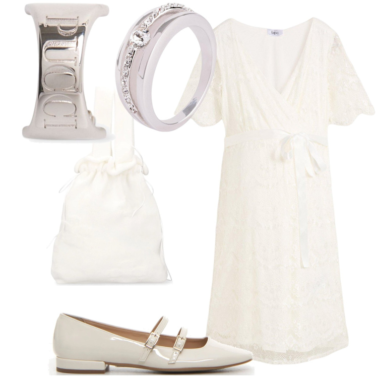 Outfit donna - White. Stile Bon Ton per Tutti i giorni. Abbinamento con vestiti, anelli, orecchini, borse a mano, décolleté.